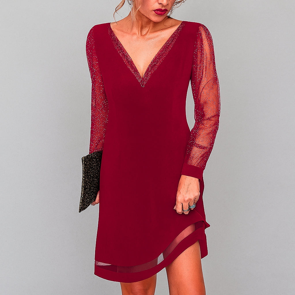 Elegant women's red sparkle V-neck long sleeve midi dress, ideal for evening parties, formal events, wedding guests.