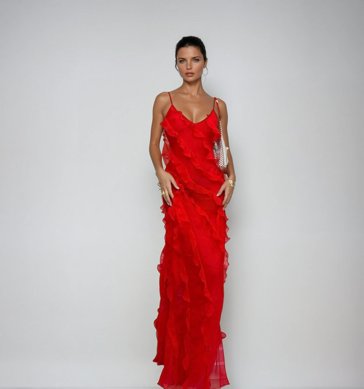 Elegant women's romantic ruffle maxi evening gown with a flattering V-neck, perfect for formal events & parties.