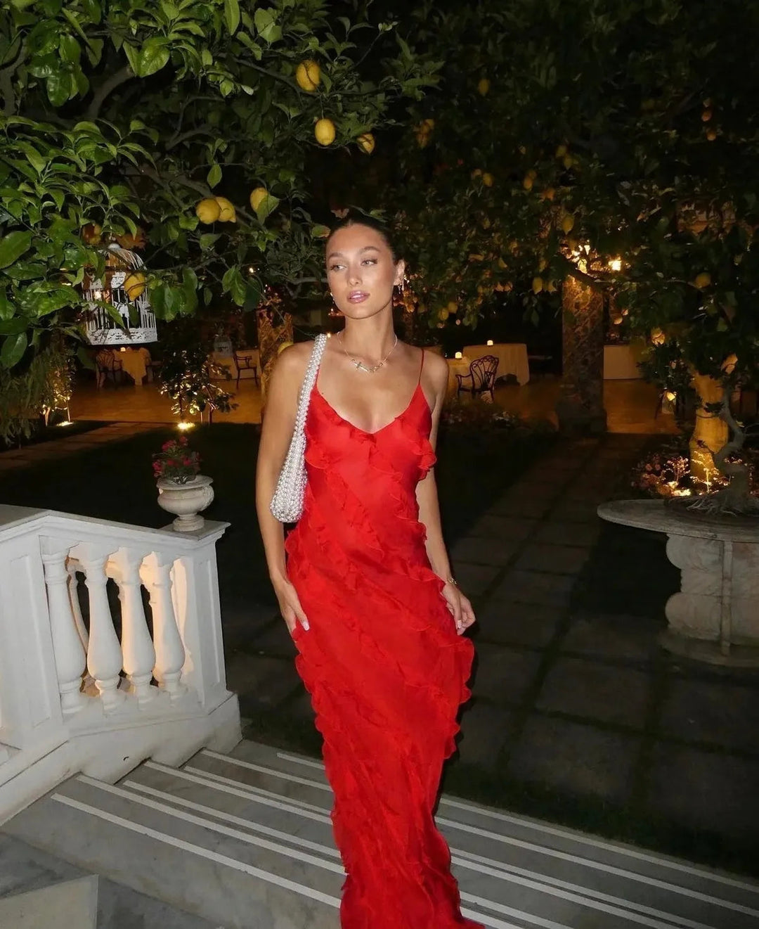 Romantic ruffle maxi dress for women, featuring elegant ruffles & a flowing silhouette, ideal for special occasions.