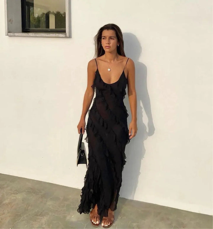 Chic women's ruffle maxi summer dress, an elegant evening gown for parties & romantic special occasion formal wear.