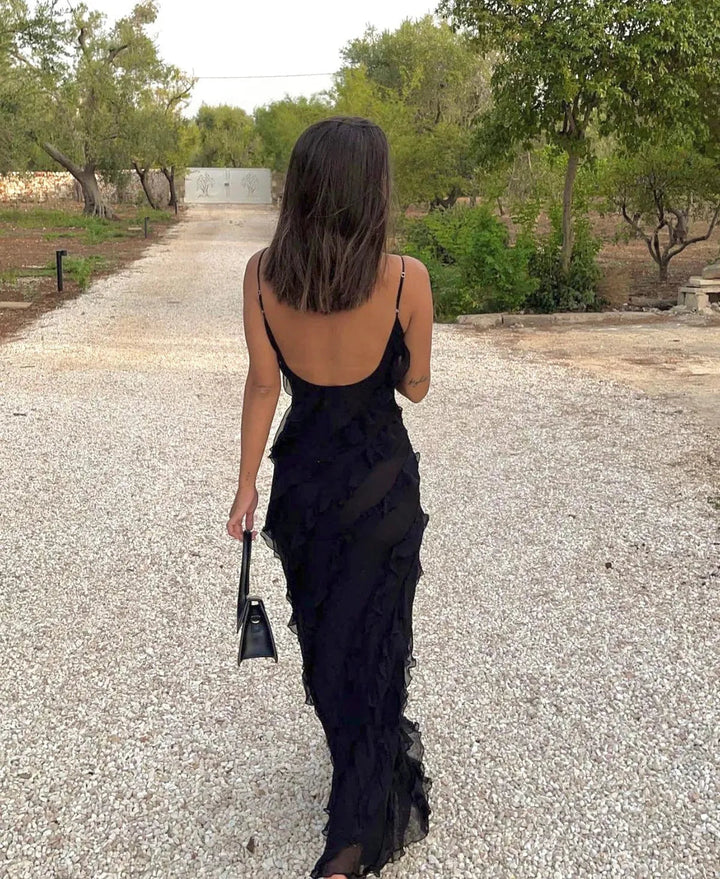 Graceful women's romantic ruffle maxi evening gown, an elegant V-neck party dress for formal events & special nights.