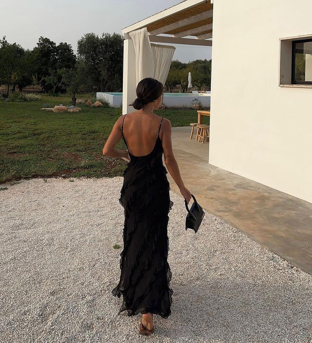 Stunning women's romantic ruffle maxi dress, a chic V-neck evening gown perfect for formal parties & special events.