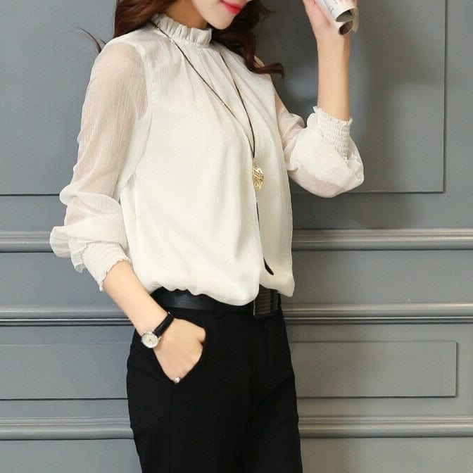 Feminine chiffon ruffle top featuring trendy sheer long puff sleeves & a stand-up collar. Casual chic.
