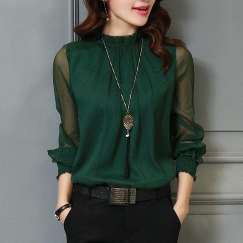 Solid color women's top: chic ruffle design & sheer puff long sleeves. Versatile for office or casual.