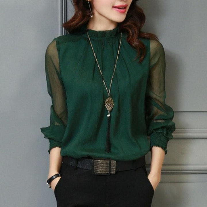 Solid color women's top: chic ruffle design & sheer puff long sleeves. Versatile for office or casual.