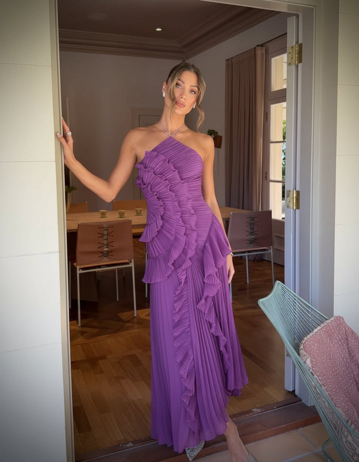 Elegant women's ruffled halter maxi dress, perfect as a formal evening gown for special occasions.