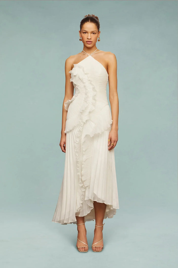 Fashionable women's ruffled halter maxi dress, an elegant flowy evening gown for special occasions.