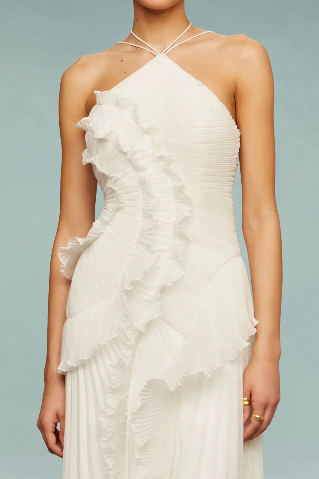 Graceful women's ruffled halter maxi dress, an elegant formal evening gown perfect for upscale events.