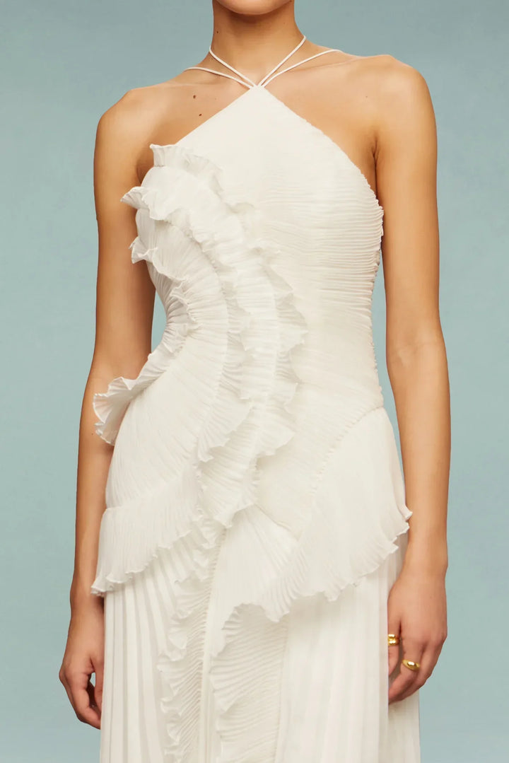 Graceful women's ruffled halter maxi dress, an elegant formal evening gown perfect for upscale events.