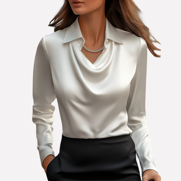 Elegant women's satin blouse with draped collar & long sleeves. Perfect for office or evening wear.