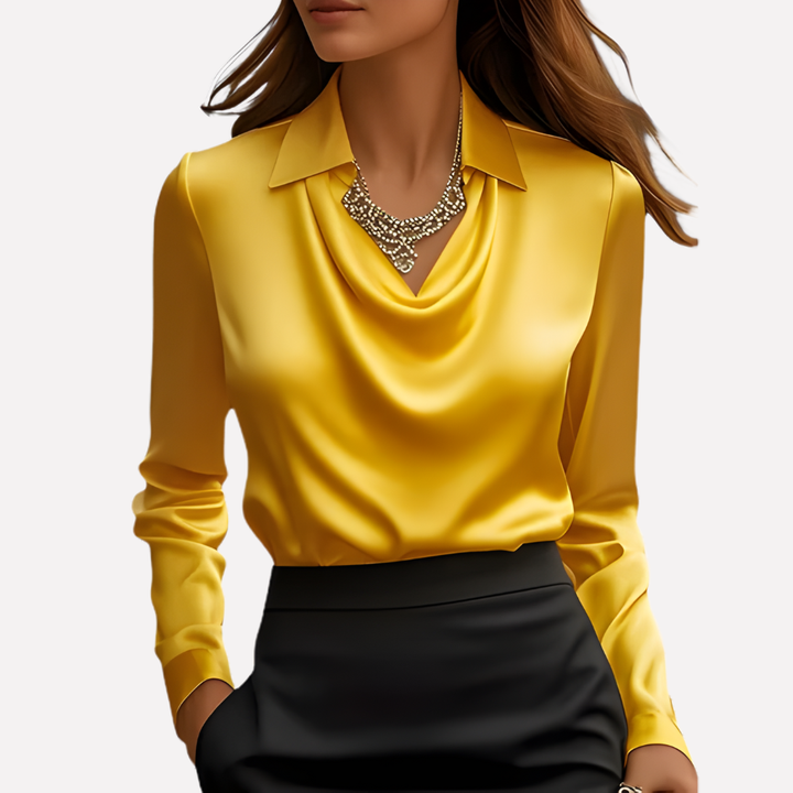 Versatile women's satin blouse, draped collar, long sleeve. Elegant top suitable for office or evening.