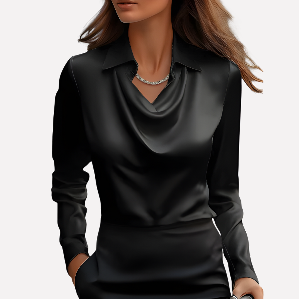 Fashionable long sleeve satin blouse for women, featuring a sophisticated draped collar & relaxed fit.