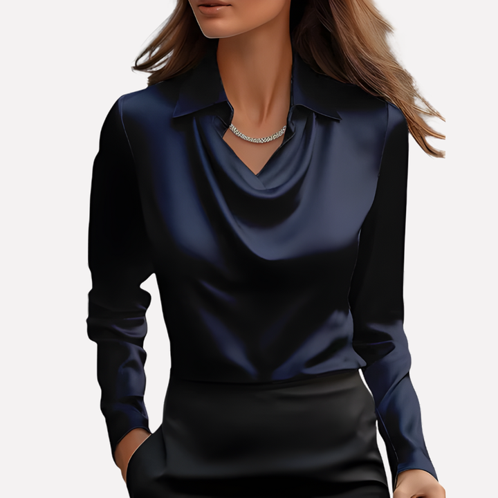 Versatile women's elegant top: satin, long sleeve, draped collar. Ideal for office or evening outfits.