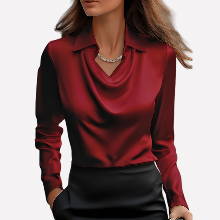 Women's relaxed fit satin blouse with chic draped collar & long sleeves. Stylish office/evening wear.