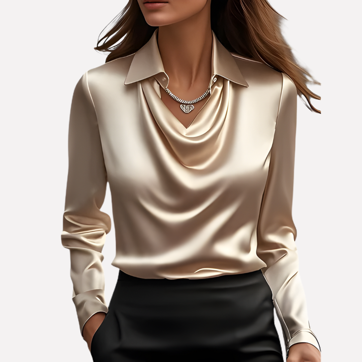 Sophisticated women's satin blouse, long sleeve, draped collar. An elegant & versatile evening top.