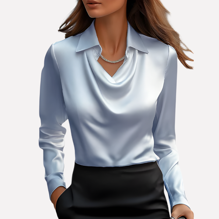 Draped collar women's satin blouse, long sleeve. Elegant, relaxed fit, perfect for office & evenings.