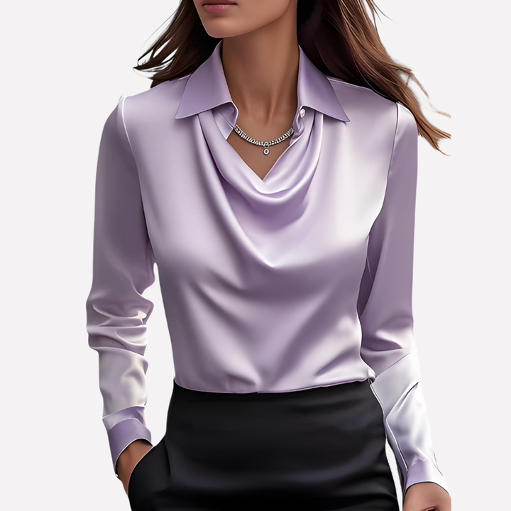 Chic women's elegant satin blouse with a draped collar & long sleeves. Versatile for office or evening.