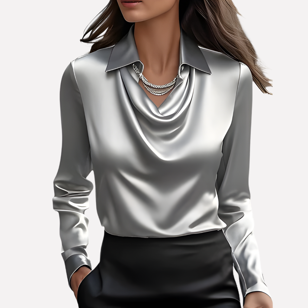 Fashionable women's long sleeve satin blouse, draped collar. Elegant office wear or evening top.
