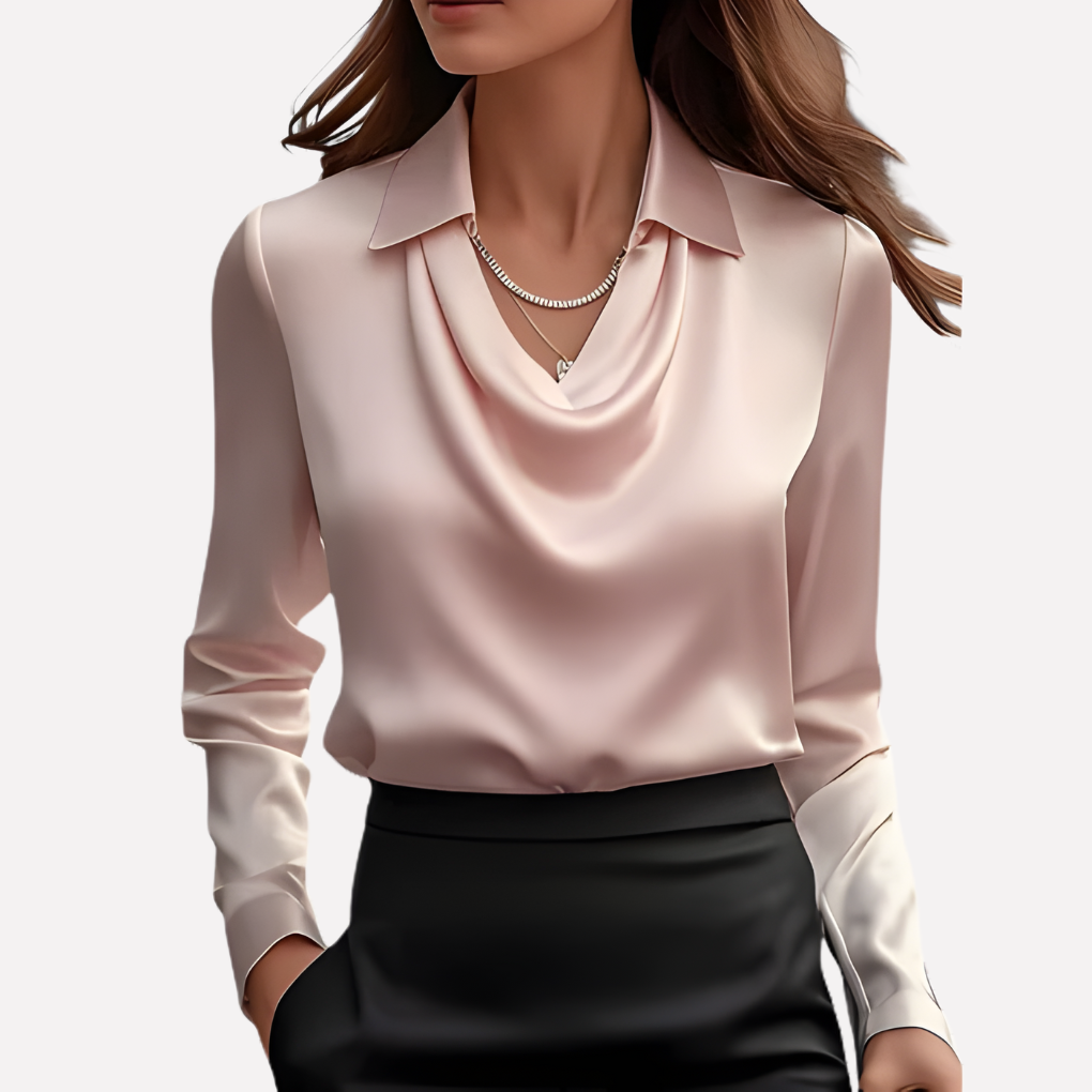Women's elegant long sleeve satin blouse with beautiful draped collar. Relaxed fit for any occasion.