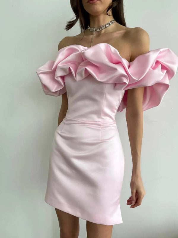 Chic women's ruffled party dress in luxe satin, feminine and timeless style.
