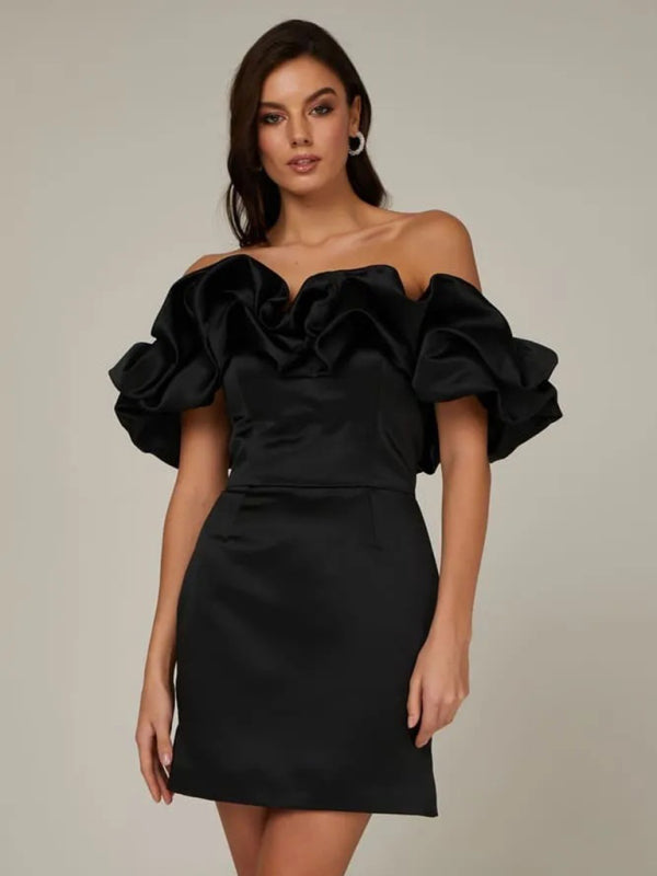 Feminine women's ruffled satin dress for parties and special occasions, chic & elegant.