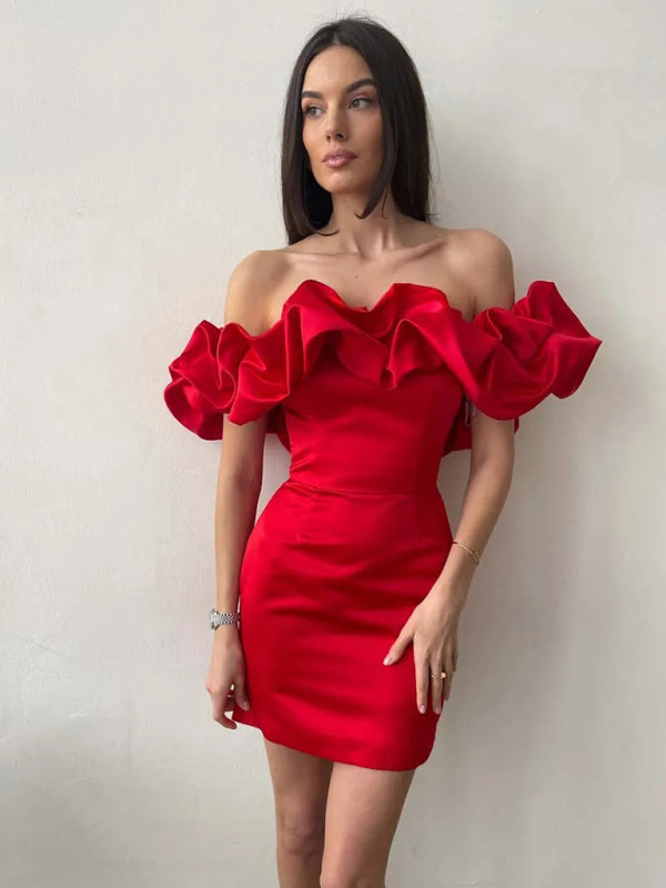 Timeless women's elegant ruffle dress made from luxe satin, perfect evening wear.