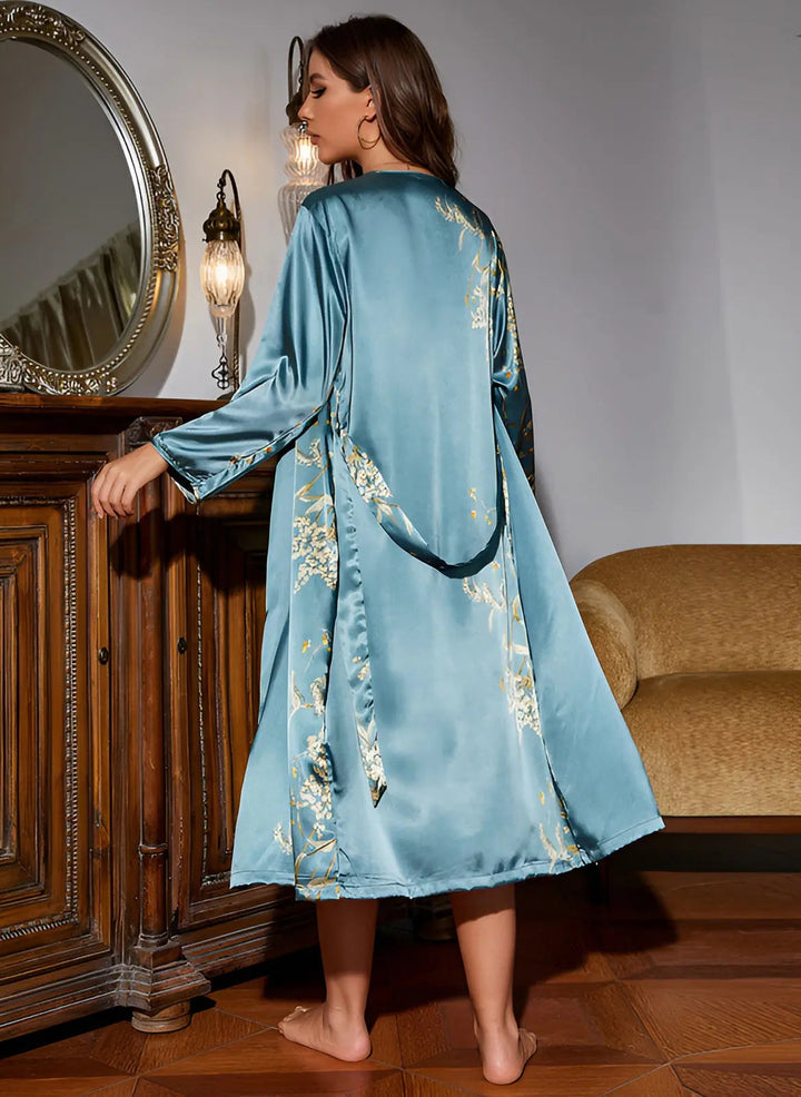 Comfortable women's two-piece satin set for home wear; includes a nightdress and elegant kimono for relaxation.