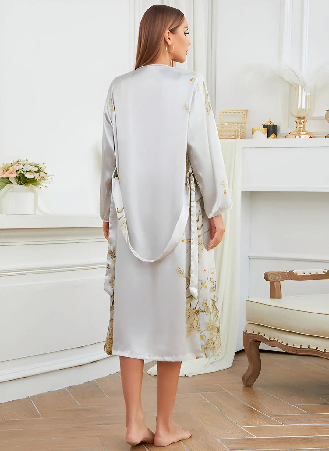 Stylish women's two-piece satin sleepwear set, featuring a chic nightdress & flowing kimono for elegant home wear.