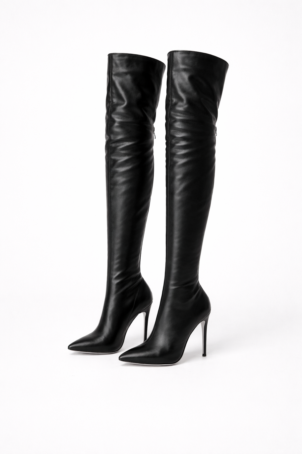 Elegant women's scarlet thigh-high stiletto boots with pointed toe, perfect for evening wear or parties.
