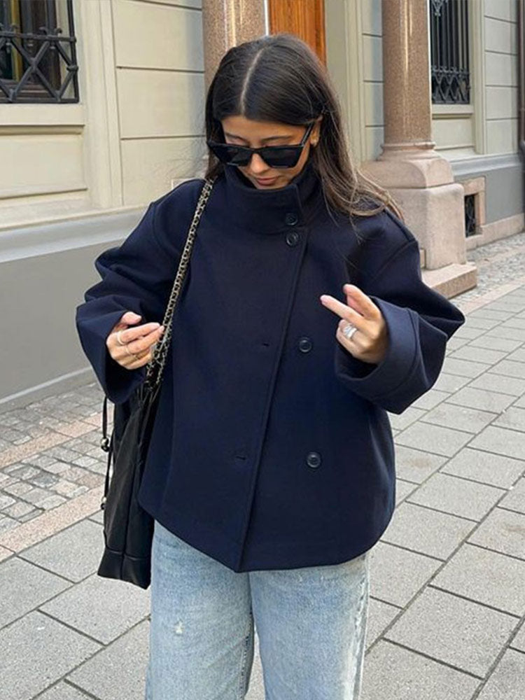 Elegant women's short double-breasted jacket, perfect for chic fashion & sophisticated style.