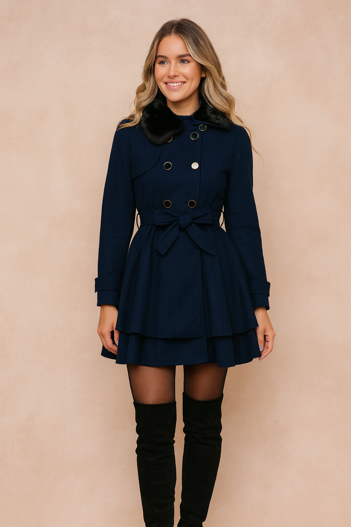 Elegant women's short double-breasted winter coat with belt, perfect for stylish fall & winter fashion.