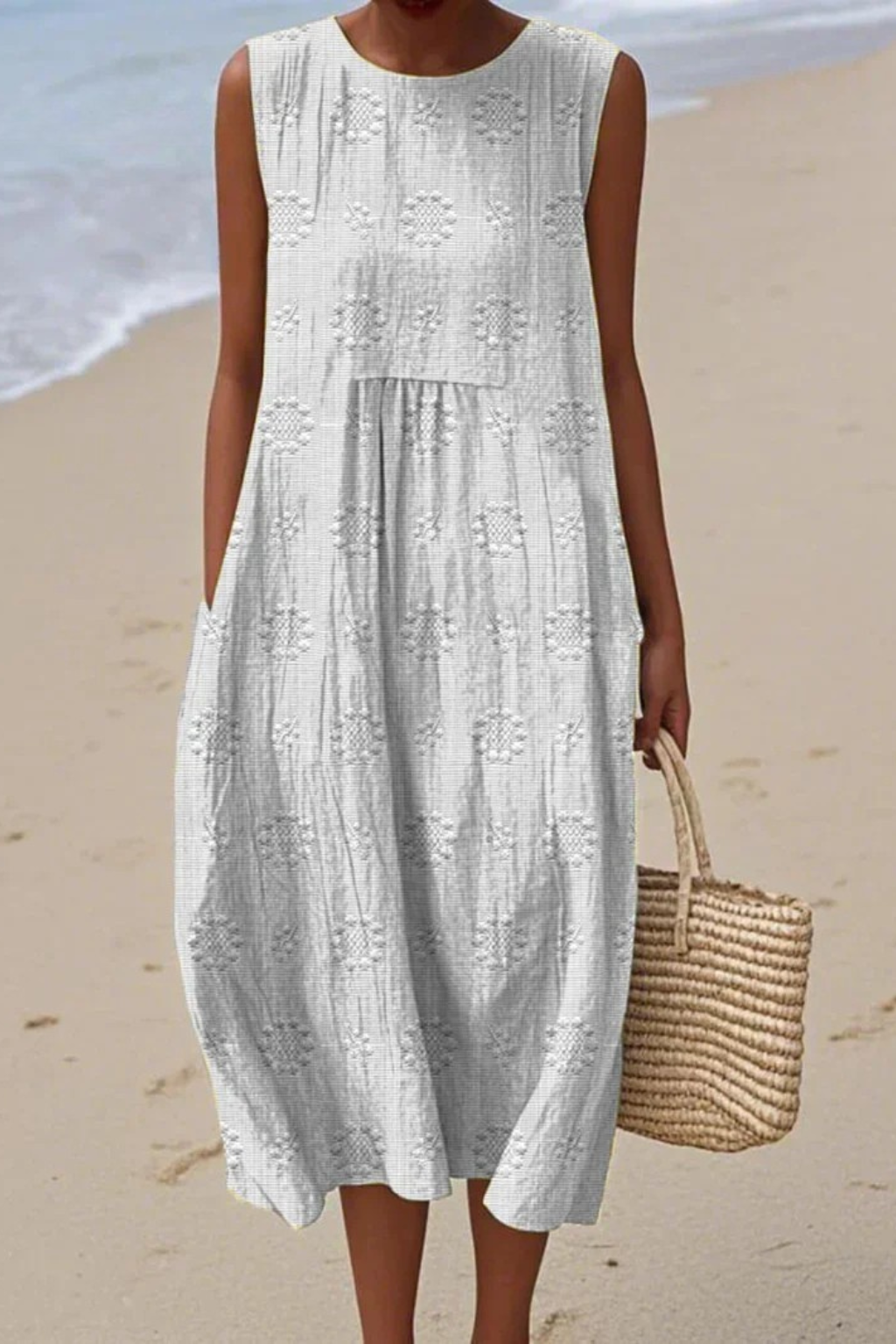Flowy & comfortable embroidered sleeveless dress for women. Ideal for spring outfits & day wear.