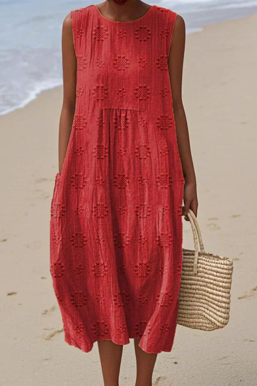 Elegant women's embroidered sleeveless midi dress. A stylish and comfortable choice for casual spring/summer.