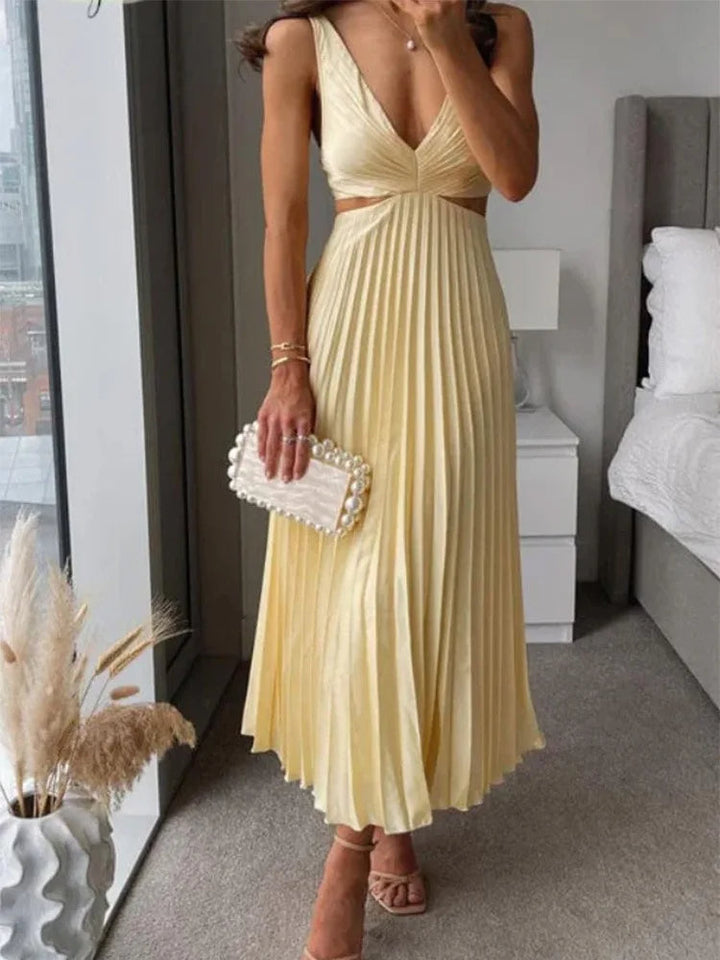 Elegant women's sleeveless open back midi dress, perfect for summer parties & warm vacation evenings.