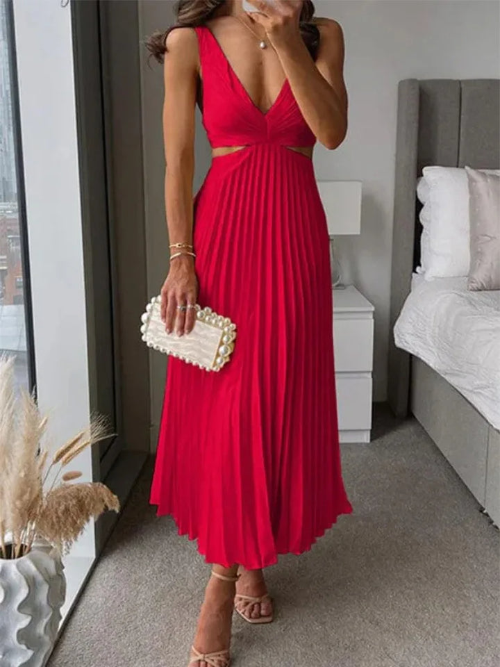 Women's A-line V-neck midi dress, sleeveless & open back, ideal for chic summer fashion & party wear.