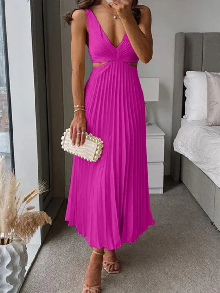 Chic women's sleeveless open back elegant midi dress, a stunning choice for warm occasion party wear.