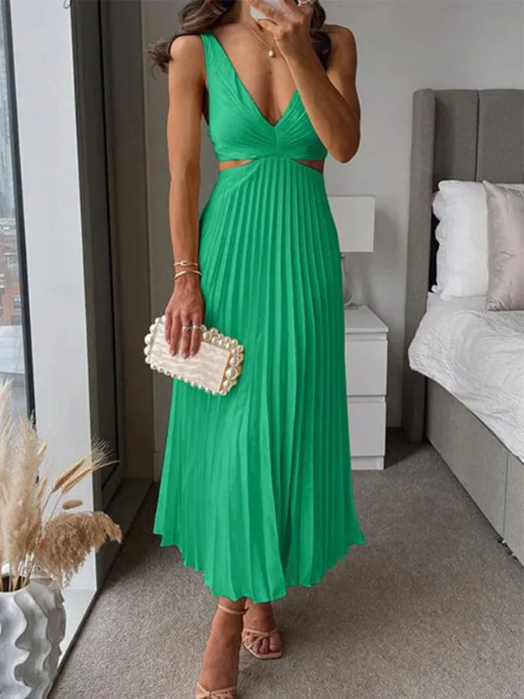 New elegant women's sleeveless midi dress with open back, perfect for summer fashion, parties & vacation.