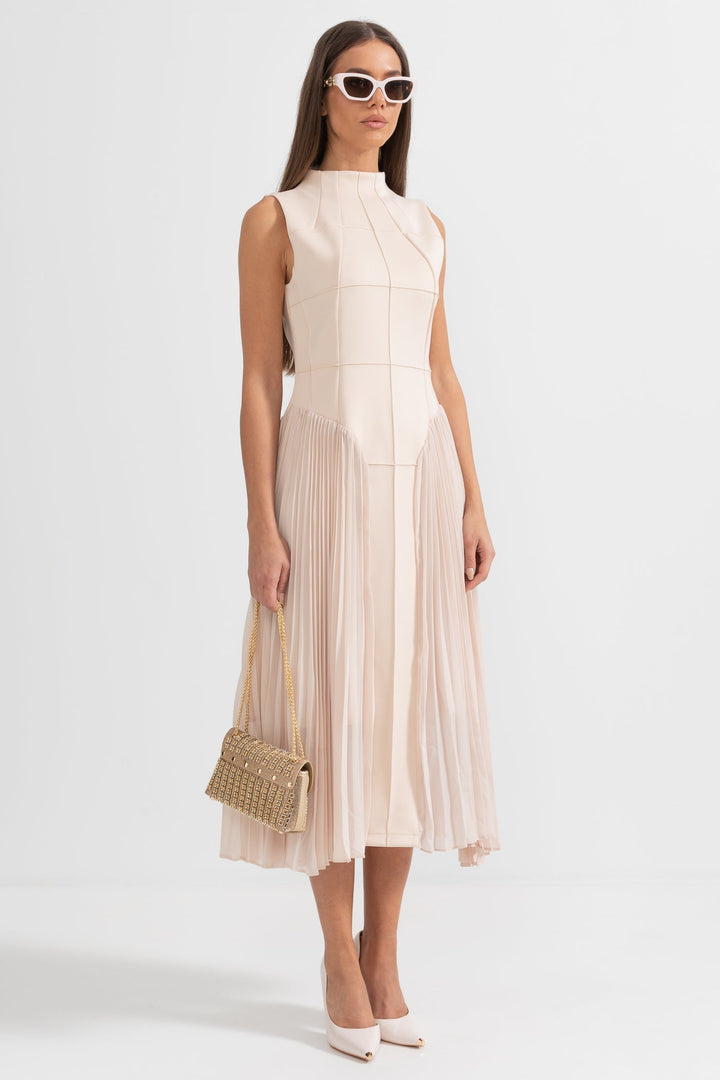 Stylish women's sleeveless midi dress featuring a flattering pleated skirt, perfect for any special occasion.