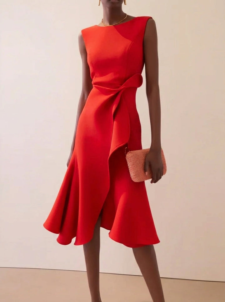 Elegant women's sleeveless red ruffle midi dress, perfect for cocktail parties, weddings, or summer occasions.
