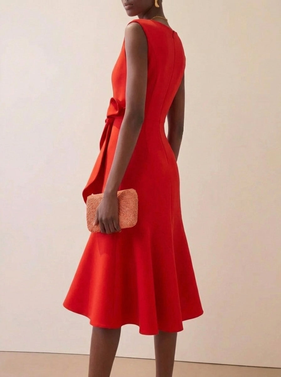 Vibrant red midi cocktail dress with elegant ruffles, sleeveless design for women's party or wedding guest attire.