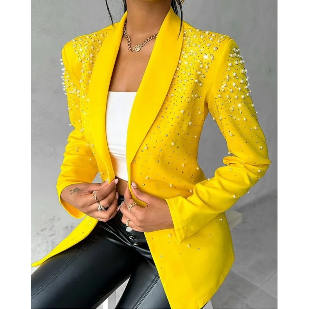 Elegant women's slim fit blazer with sophisticated pearl details, perfect for workwear & chic evening outfits.