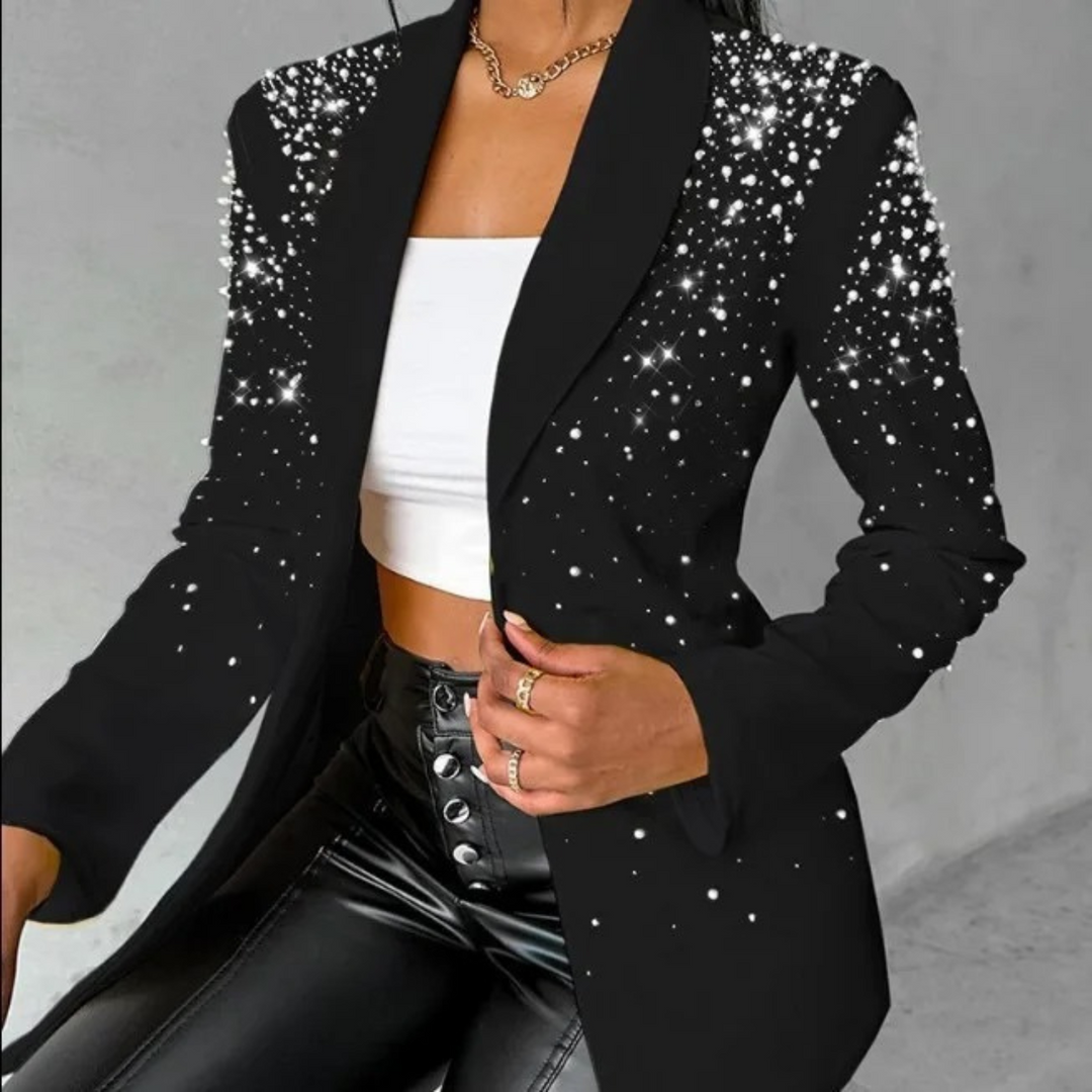 Chic women's slim fit blazer with elegant pearl details, ideal for professional workwear or stylish evening wear.
