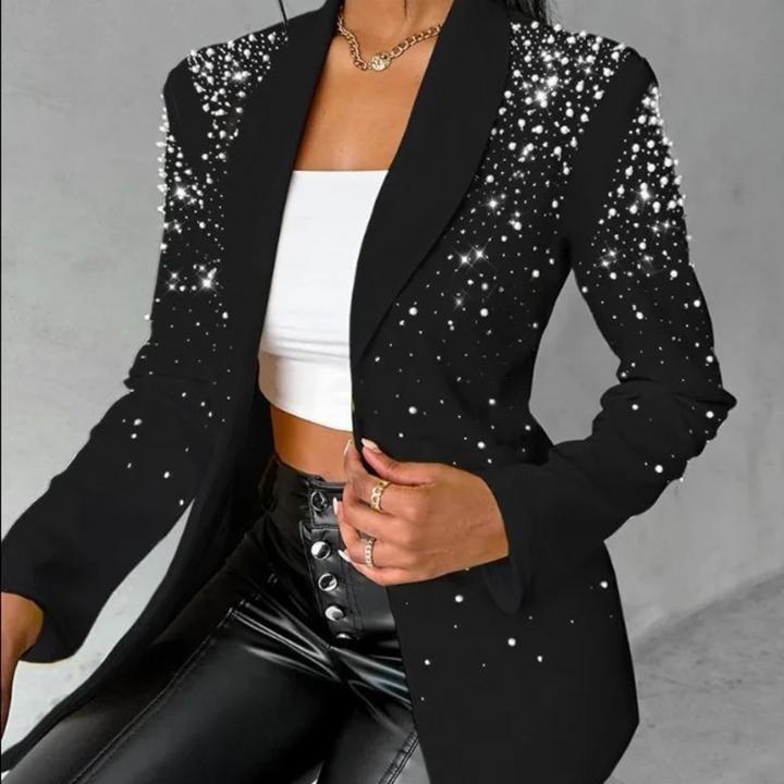 Chic women's slim fit blazer with elegant pearl details, ideal for professional workwear or stylish evening wear.