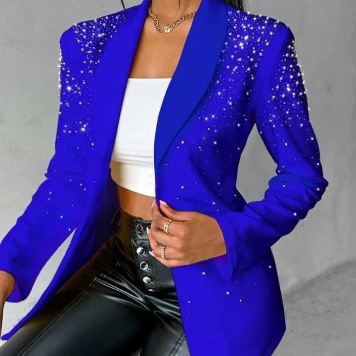 Sophisticated women's slim fit blazer adorned with elegant pearl details, a versatile piece for any chic occasion.