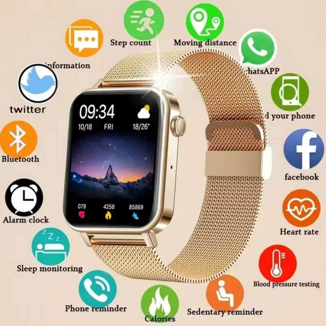 Elegant women's smartwatch in gold, with health and fitness tracking, perfect for daily wear.