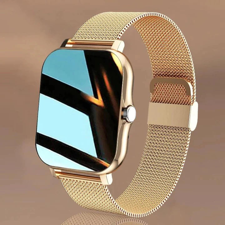 Pink elegant smartwatch for women, featuring activity tracking, heart rate, and smart notifications.