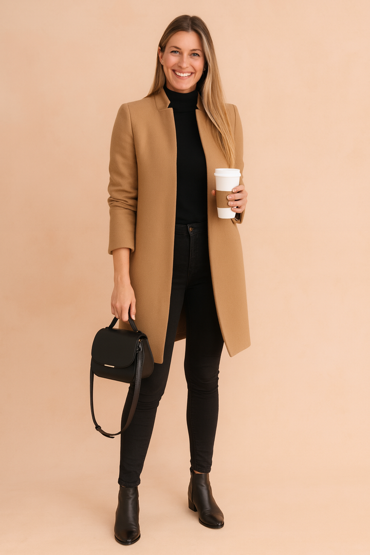 Elegant women's straight cut winter coat. Classic style sophisticated outerwear, perfect for formal or casual wear.