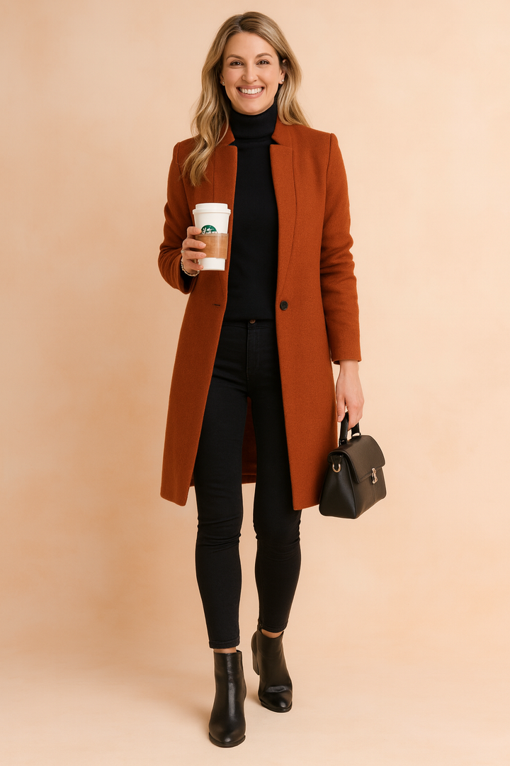 Women's sophisticated straight cut winter coat. Classic, warm outerwear, ideal for elegant fall and winter fashion.