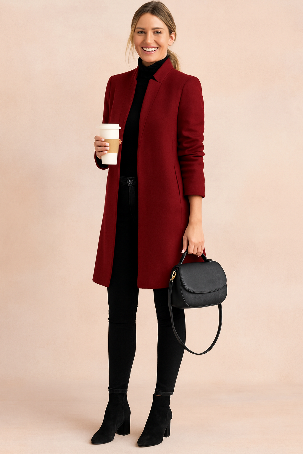 Versatile women's elegant straight cut winter coat. Perfect for formal wear, office, or stylish casual outfits.