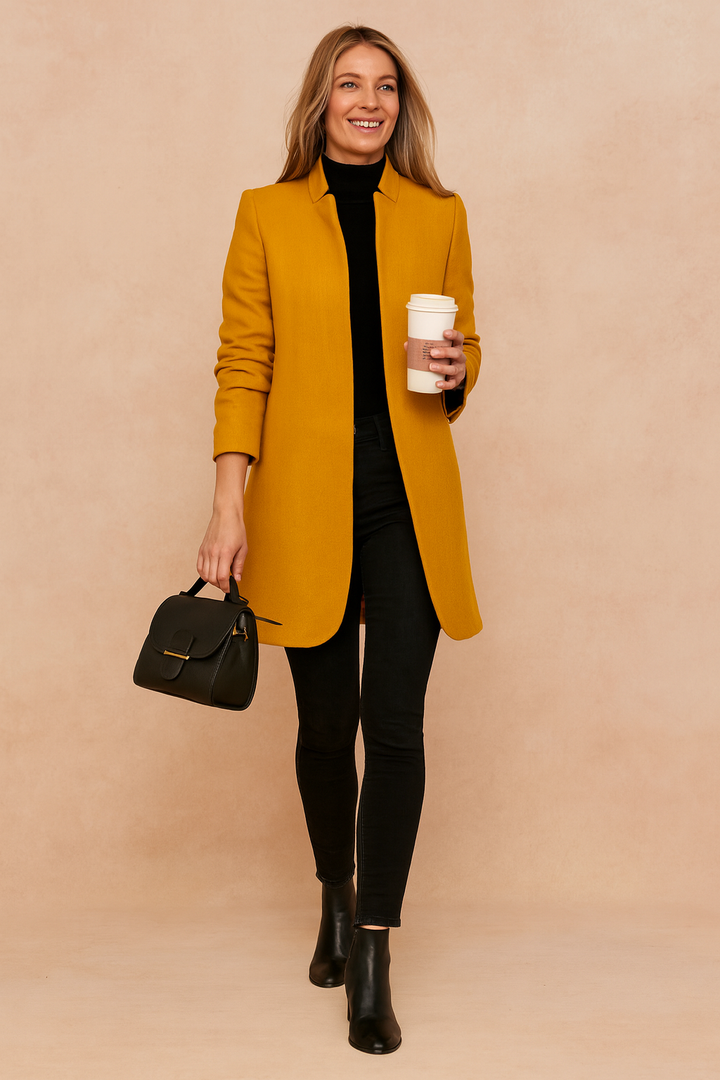 Women's straight cut elegant winter coat. Classic, sophisticated outerwear for stylish fall and winter fashion.
